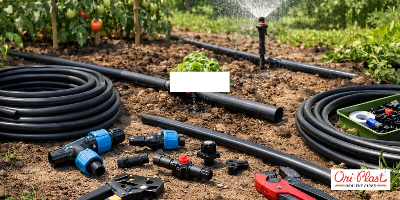 Agricultural drip irrigation setup in a vegetable garden illustrating DIY PVC pipe installation using flexible pipes and fittings by Ori-Plast.