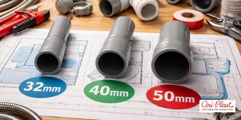 A technical guide for DIY PVC pipe installation showing 32mm, 40mm, and 50mm Ori-Plast plumbing pipes arranged on a house blueprint layout.