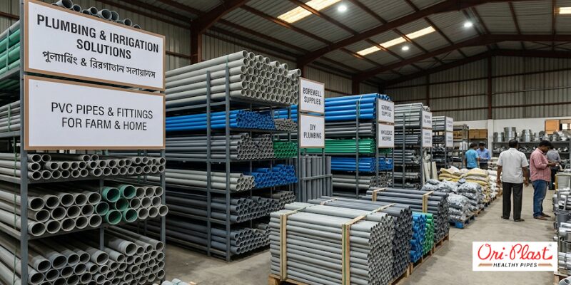 A well-stocked Ori-Plast warehouse displaying racks of PVC pipes and fittings for farm, home, and DIY PVC pipe installation projects.