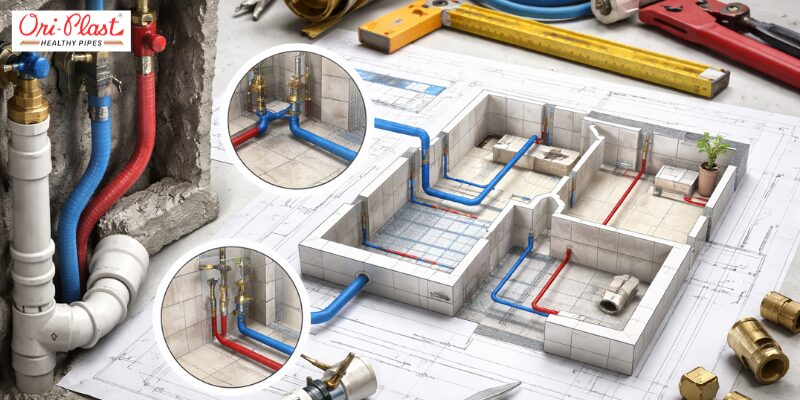 Architectural house blueprint layout featuring an overlay model of blue and red plumbing pipes alongside physical pipe installations and tools.