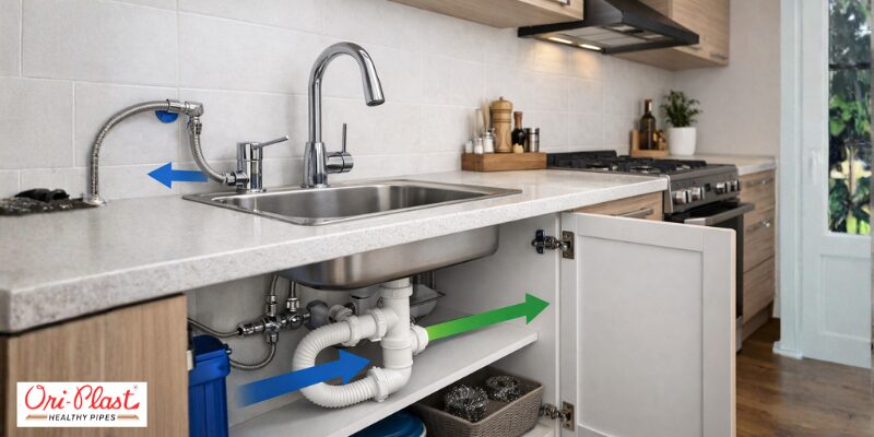 Modern kitchen sink plumbing underneath the counter cabinet showing water inlet and outlet pipe connections with directional arrows for proper Vastu plumbing flow.