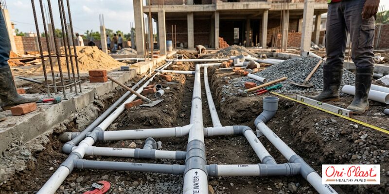 Construction site workers installing a complex network of white PVC underground drainage and sewage pipes on a dirt foundation following home plumbing guidelines.