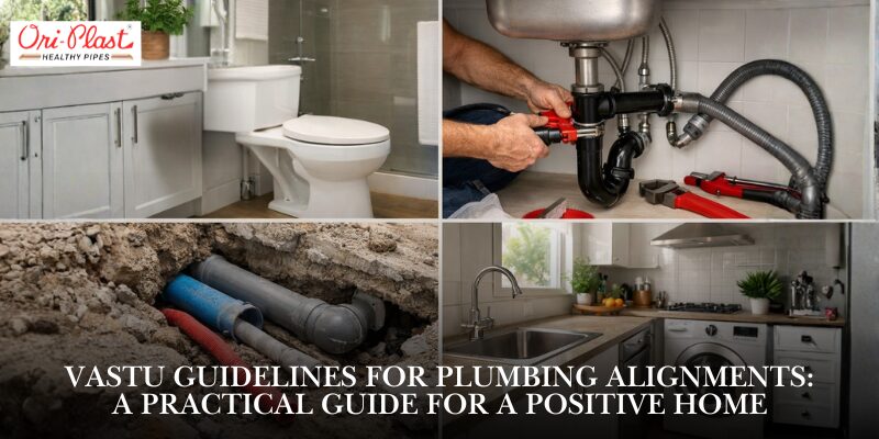 Four-panel collage showing a clean toilet, plumbing repair under a kitchen sink, underground drainage pipes, and a modern kitchen setup with text overlay reading Vastu Guidelines for Plumbing Alignments.