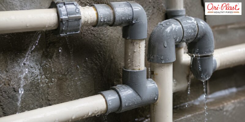Water leaking from pipe elbow joints illustrating crucial rainy season plumbing tips for leak repairs