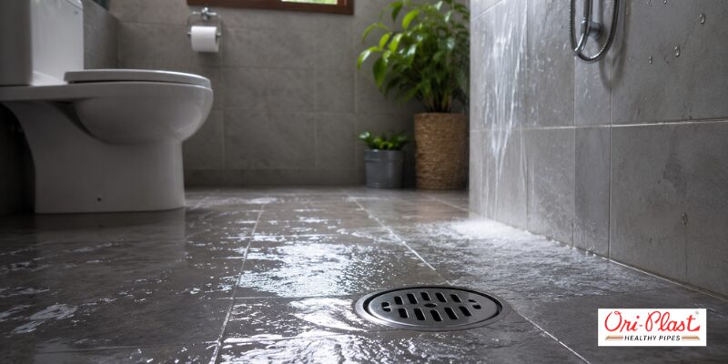 Water overflow near bathroom floor drain highlighting rainy season plumbing tips for preventing clogs.
