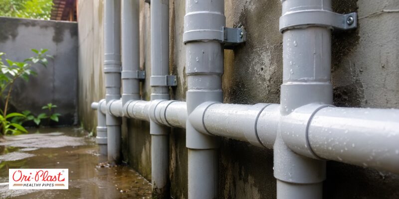 Grey PVC drainage pipes mounted on an exterior wall for rainy season plumbing maintenance.
