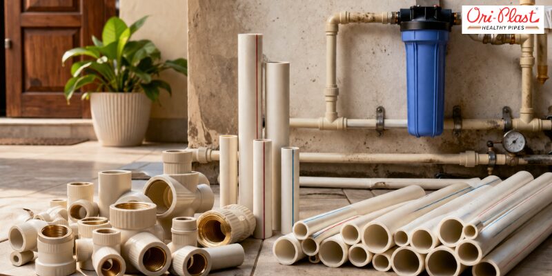 Title graphic featuring bundles of cPVC and uPVC pipes, titled "Best Pipe for Home Plumbing: cPVC vs uPVC for Safe, Smart Choices."