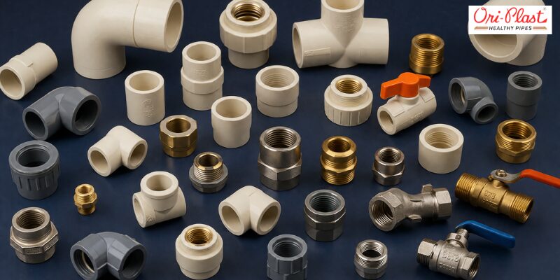 An assortment of various plastic and brass pipe fittings laid out on a blue background, essential for building the best pipe for home plumbing network.
