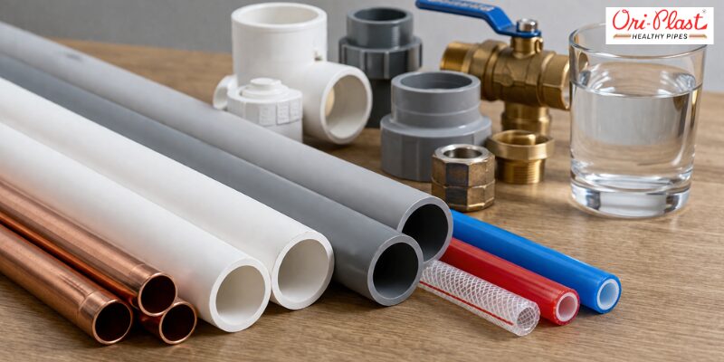 Stacked cPVC and uPVC plumbing pipes and joints arranged on the floor near an outdoor water filter system, showcasing the best pipe for home plumbing infrastructure.