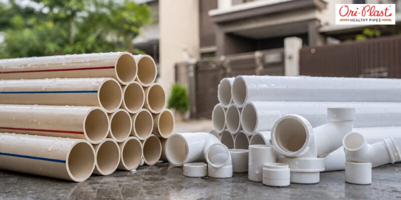 A visual comparison displaying cPVC pipes with a valve on a beige background versus uPVC pipes and elbows on a grey background to help select the best pipe for home plumbing.