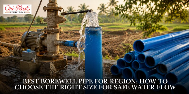 A water well pump actively discharging clean water next to stacked blue uPVC pipes, illustrating how to choose the best borewell pipe for the region.