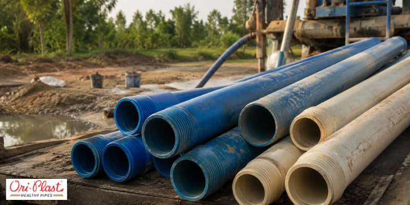 Threaded blue and off-white uPVC pipes laid out near a drilling machine, showing the best borewell pipe setup for the region.