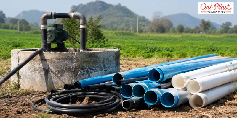 Agricultural field with a water pump casing and a stack of blue and white uPVC borewell pipes ready for regional installation.