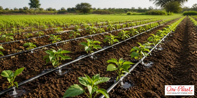 Drip irrigation system for agriculture delivering direct water droplets to young plant roots.