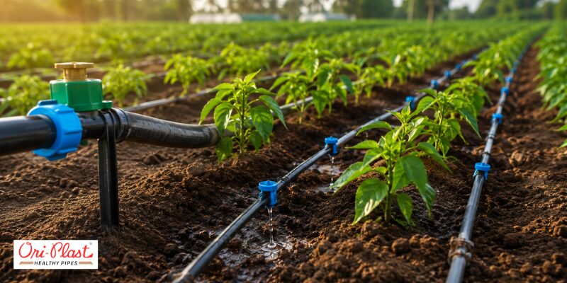 Black drip irrigation system pipe with blue emitters watering crops in an agricultural field.
