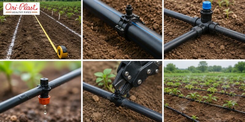 Grid collage showing drip irrigation system components, tools, and pipe fittings used in agriculture.