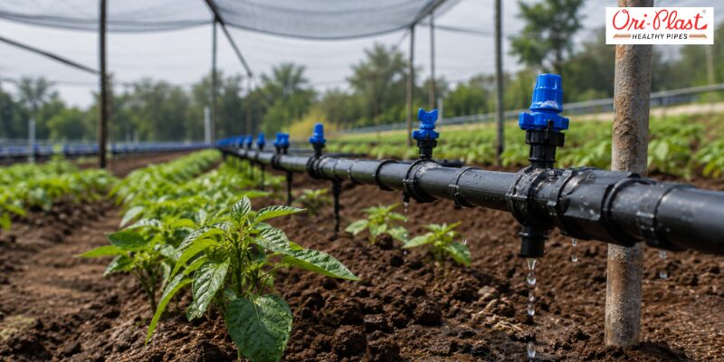 Close-up of a blue valve nozzle on a drip irrigation system pipe supplying water to agricultural crops.