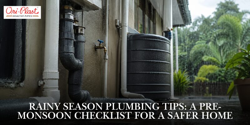 Rainwater harvesting tank and outdoor plumbing setup featuring rainy season plumbing tips