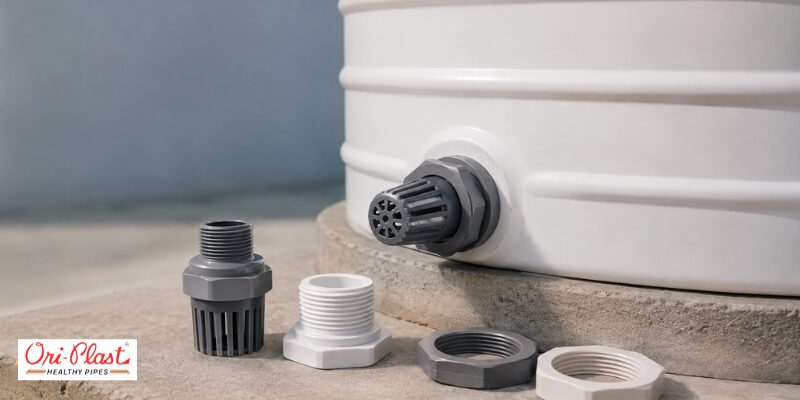 Threaded PVC tank connectors and an overflow strainer installed on a plastic water tank to demonstrate water tank overflow causes and fixes.