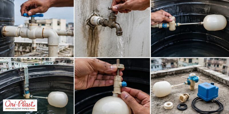 Collage showing step-by-step water tank overflow causes and fixes, including shutting the inlet valve, inspecting the float ballcock, and replacing seals.