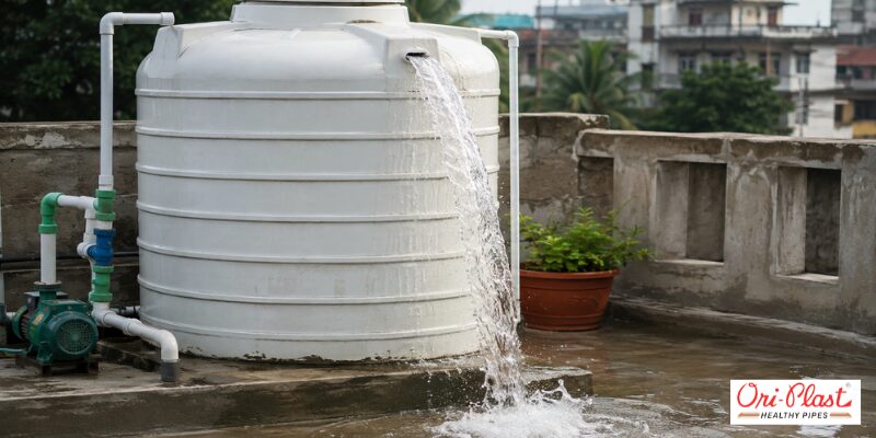 Water gushing out of an overhead plastic water tank, illustrating common water tank overflow causes and fixes needed for home plumbing.