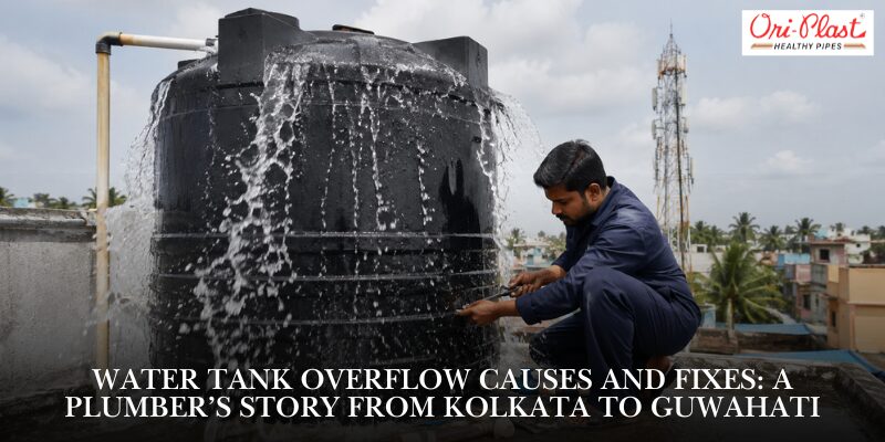 A plumber inspecting a leaking overhead black plastic water tank on a rooftop to address water tank overflow causes and fixes.