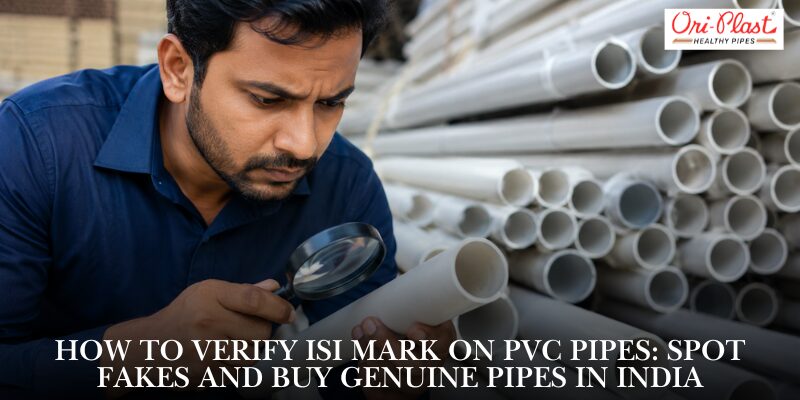 Customer inspecting a PVC pipe with a magnifying glass to verify ISI mark authenticity and spot fake pipes.
