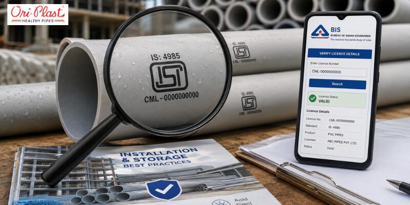 Man examining white PVC pipes in a hardware warehouse to verify ISI mark quality standards before buying.