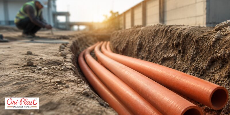 Construction worker supervising underground telecom trenching with orange TEC-Compliant HDPE PLB Duct pipes laid in soil.