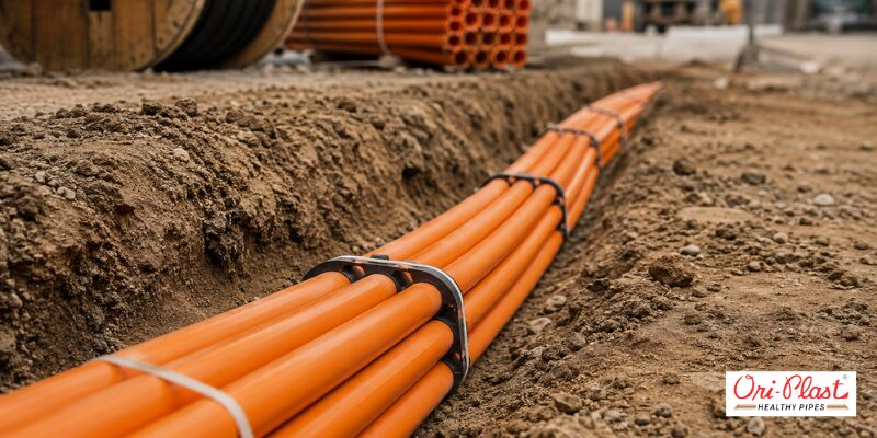 Multi-duct bundle of orange TEC-Compliant HDPE PLB Duct installed in an underground trench for secure fiber optic cable routing.