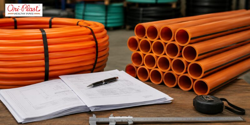 Coiled orange TEC-Compliant HDPE PLB Duct next to technical blueprints, Vernier caliper, and tape measure for telecom quality standards verification.