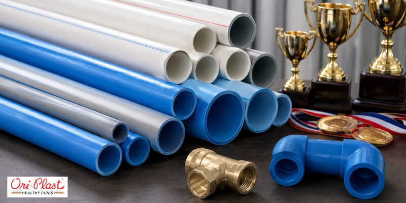 Certified blue and white pipes showing distinct stripe PVC pipe marking displayed next to brass and plastic plumbing fittings.