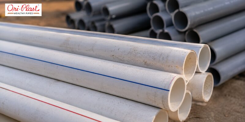 Stacked white and grey industrial pipes featuring colored stripe PVC pipe marking for easy application and pressure identification.