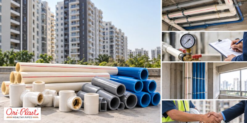 High-quality certified CPVC pipes and fittings stacked at an apartment construction site, overhead concealed pipe runs, pressure gauge testing, and site engineers shaking hands.