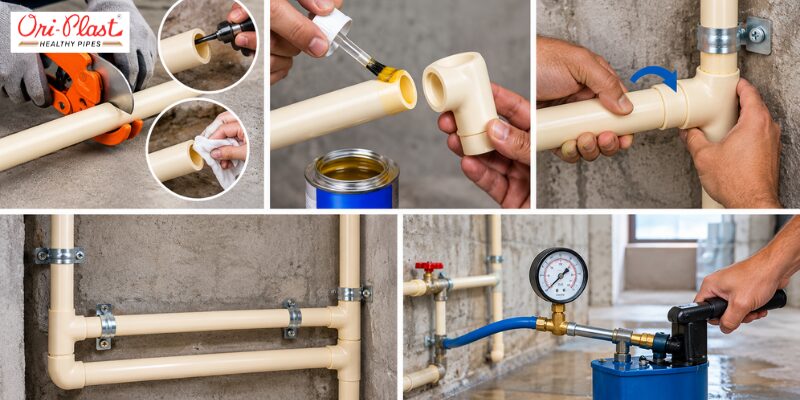 Step-by-step process of CPVC pipe installation for apartments, including cutting, solvent cement application, joint push-and-twist, wall clamping, and pressure testing with a gauge.