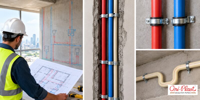 Engineer reviewing architectural plumbing blueprint alongside installed vertical CPVC riser pipes, expansion loops, and color-coded hot and cold water lines in an apartment building.