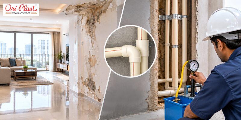 Technician conducting hydrostatic pressure testing on concealed CPVC pipes next to an apartment wall suffering from severe water damage due to leaks.