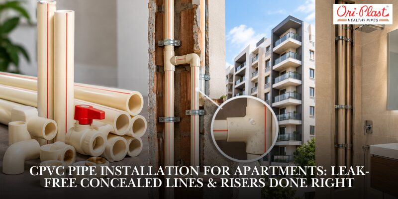 CPVC pipe installation for apartments showing concealed vertical riser lines, fittings, and modern high-rise building plumbing layout.