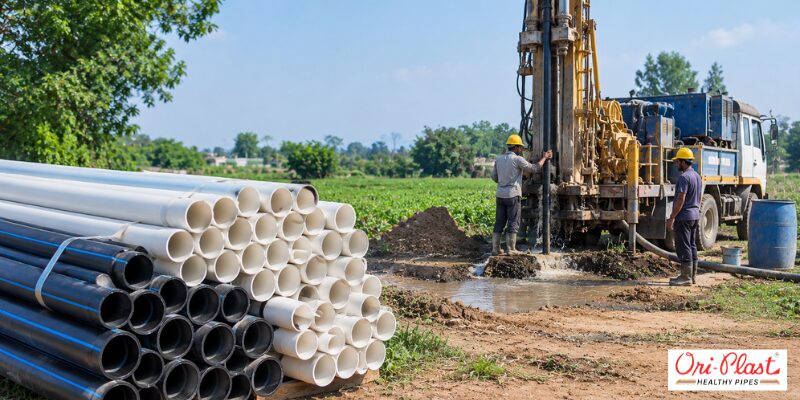 Borewell drilling rig operating in an open field alongside stacked bundles of HDPE and uPVC borewell pipe and column pipe.