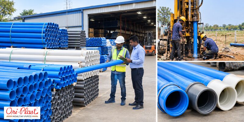 Stacked blue and white uPVC borewell pipe and column pipe selection with workers inspecting pipes near a drilling rig.
