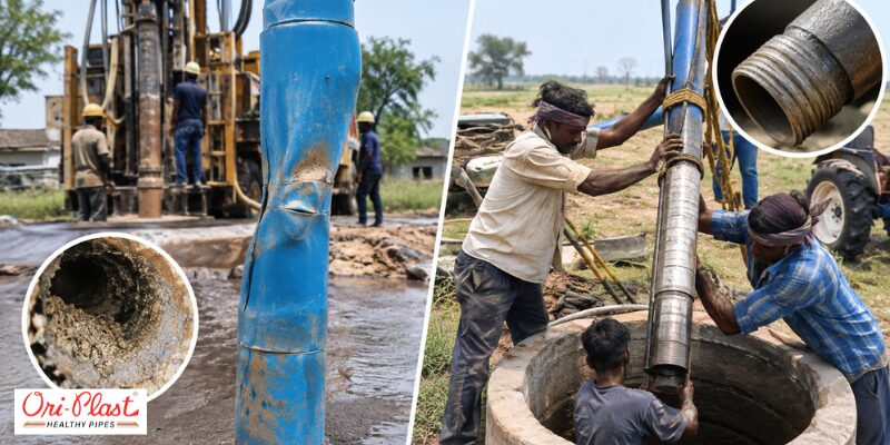 Workers lowering a submersible pump and inspecting damaged and threaded borewell pipe and column pipe during well maintenance.