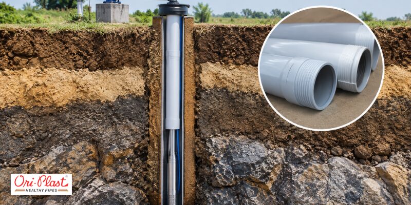 Cross-section diagram showing underground soil layers with a submersible pump connected to a threaded borewell pipe and column pipe.