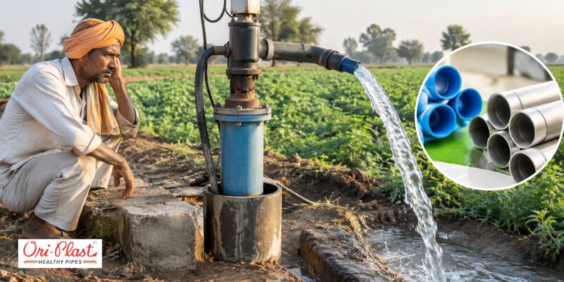 Farmer observing water flowing from a well pump connected to durable borewell pipe and column pipe for farm irrigation.