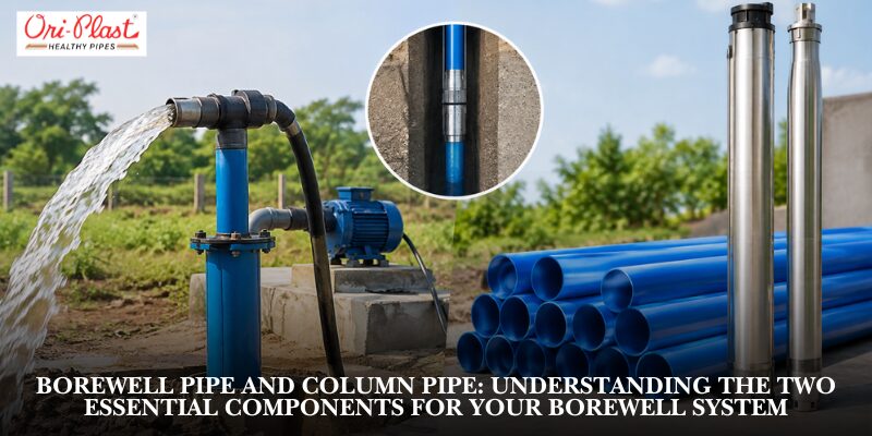 Submersible pump discharging water with blue uPVC borewell pipe and column pipe installation in an agricultural field.